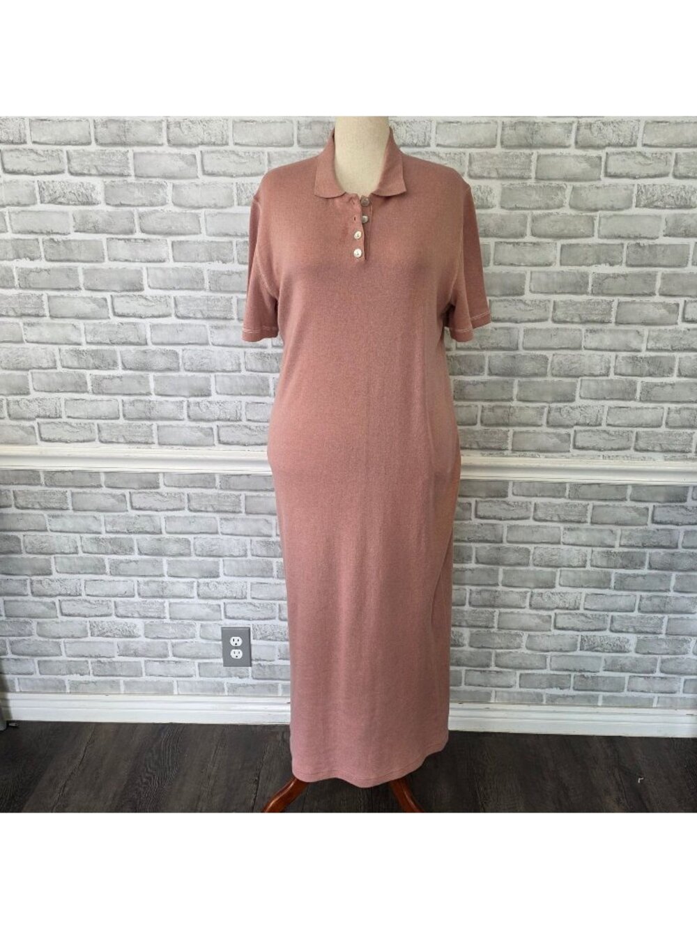 Vintage NWT I.K.C. Pink Knit Polo Maxi Dress Collared Button Front 16  Relaxed